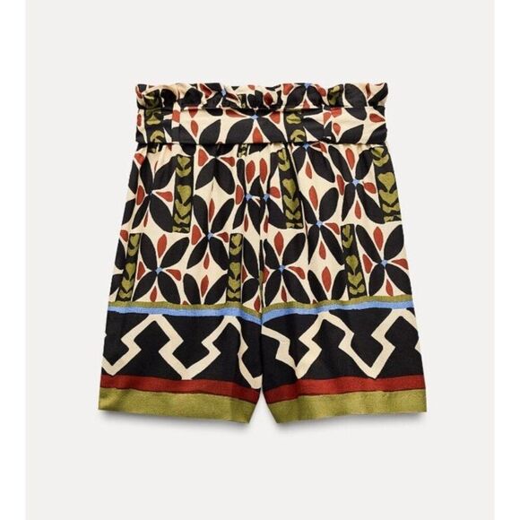 Zara Womens Shorts M Multicolor Floral High Rise Belted Paperbag 8662/160 NWT - Picture 2 of 13